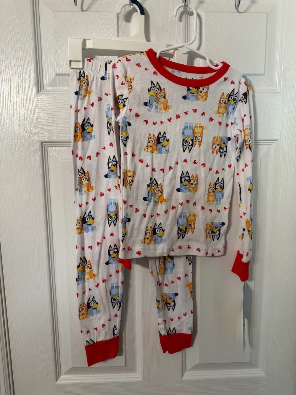 Kids White Blue & Yellow Character Heart Pajama Set - Red Trim